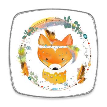 small fox with feather decoration in ethno frame - Square fridge magnet - white - Front