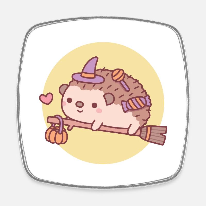Cute Hedgehog Witch On Flying Broom Halloween - Square fridge magnet - white