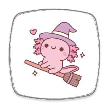 Mignonne sorcière Axolotl sur balai volant - Magnet carré - blanc - Devant