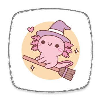 Cute Axolotl Witch On Flying Broom Over The Moon - Square fridge magnet - white - Front