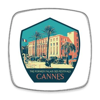 Retro illustration, Palais des Festivals in Cannes - Square fridge magnet - white - Front