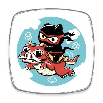 Kawaii Ninja cat riding a red dragon - Square fridge magnet - white - Front