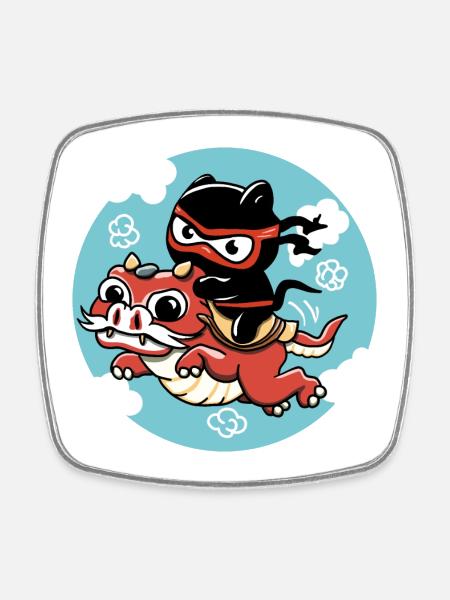 Kawaii Ninja cat riding a red dragon - Square fridge magnet - white