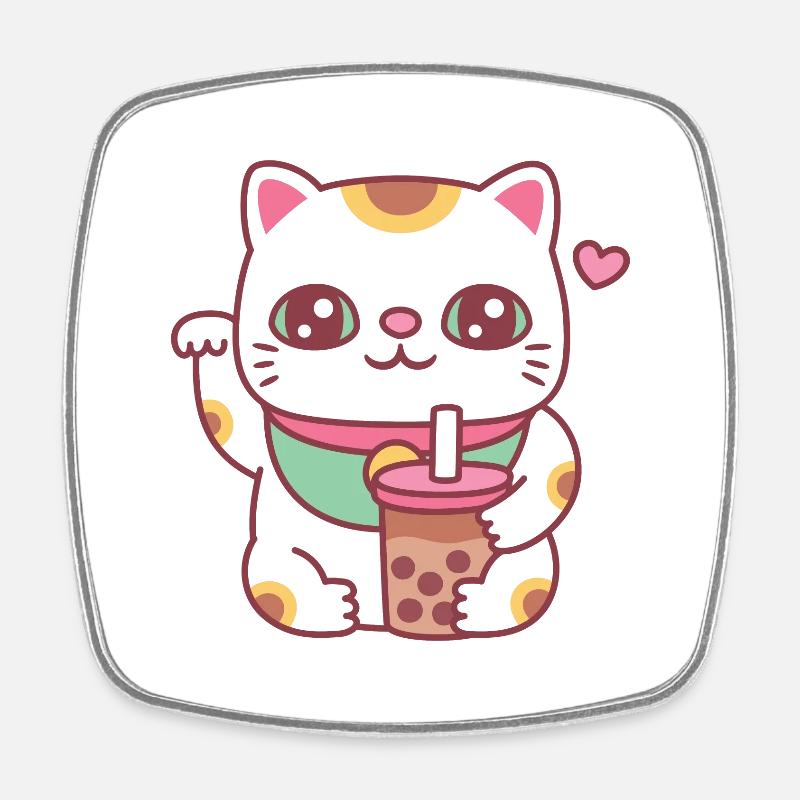 Cute Maneki Neko Cat With Bubble Tea - Square fridge magnet - white
