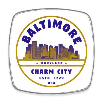 Baltimore Charm City Skyline Abzeichen - Viereckiger Kühlschrankmagnet - Weiß - Vorne