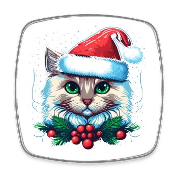 Adorable cat wearing Santa hat - Square fridge magnet - white - Front