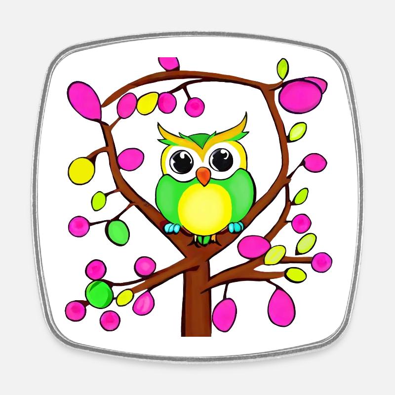 Chouette heureuse dans un arbre multicolore - Magnet carré - blanc