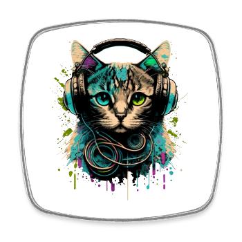 Katze mit Headset - Viereckiger Kühlschrankmagnet - Weiß - Vorne