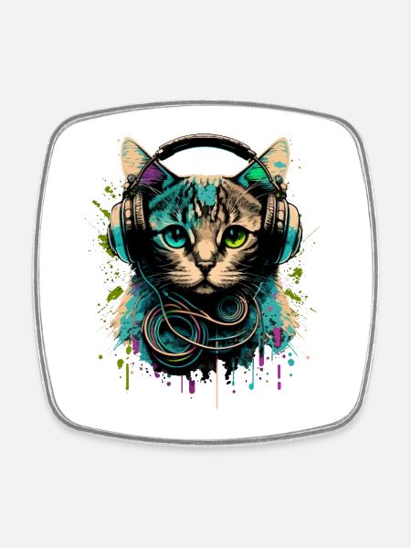 Chat avec casque - Magnet carré - blanc