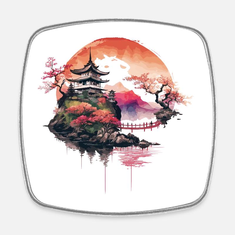 Japanese Temple on Mountain - Square fridge magnet - white
