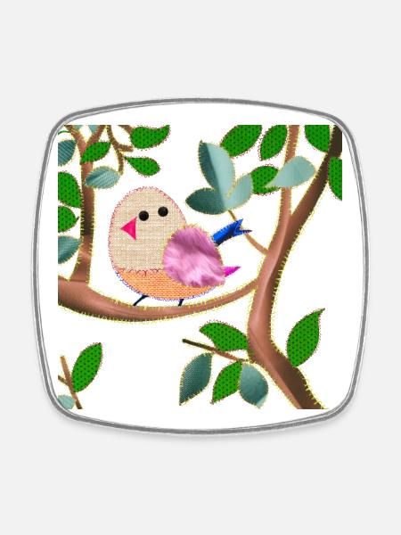 oiseau sur une branche imitation tissu cousu - Magnet carré - blanc