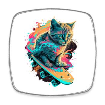 Skateboard Katze - Viereckiger Kühlschrankmagnet - Weiß - Vorne