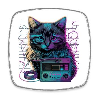 Chat avec cassette - Magnet carré - blanc - Devant