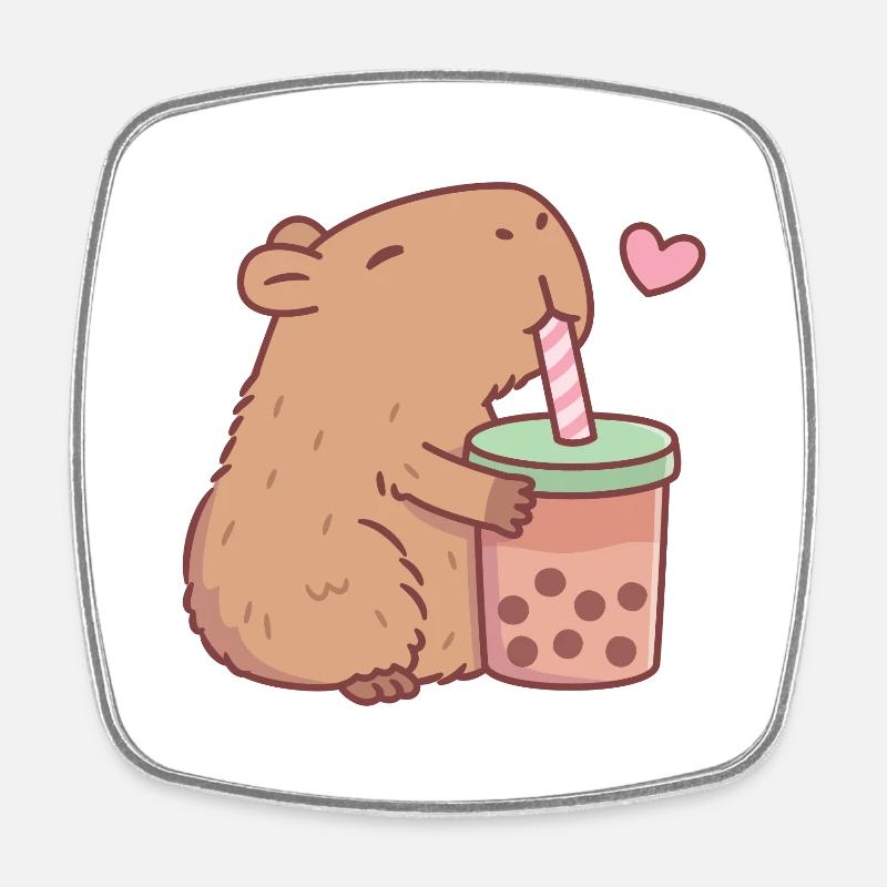 Cute Capybara Loves Bubble Tea - Square fridge magnet - white