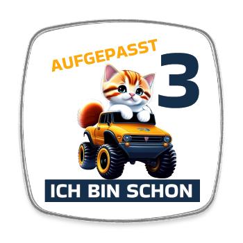 3. Geburtstag Katze auf Monstertruck, 3 Jahre - Viereckiger Kühlschrankmagnet - Weiß - Vorne