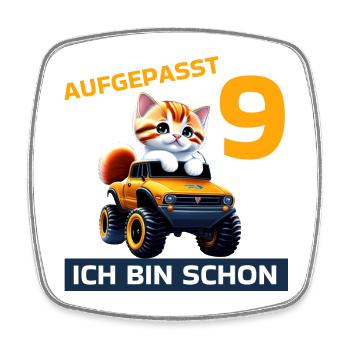 9. Geburtstag Katze auf Monstertruck 9 Jahre alt - Viereckiger Kühlschrankmagnet - Weiß - Vorne