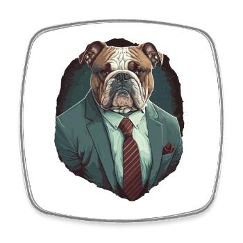 Bouledogue brun en costume gris - Magnet carré - blanc - Devant
