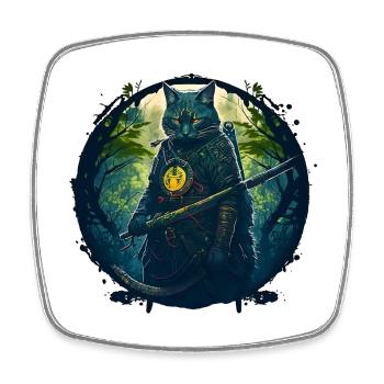 Cat as samurai in forest - Square fridge magnet - white - Front