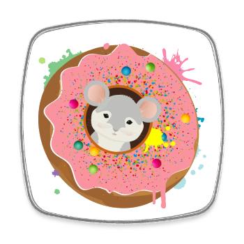 grey mouse sitting in the donut with pink glaze - Square fridge magnet - white - Front