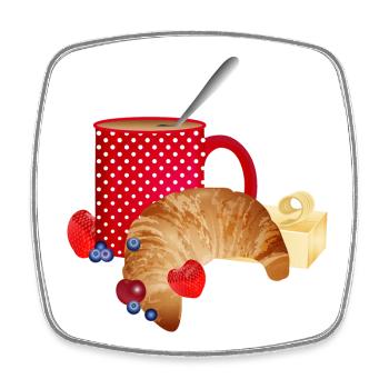 Breakfast still life with croissant, coffee, berries - Square fridge magnet - white - Front