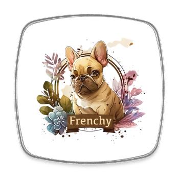 Bouledogue français dans cadre fleuri - Magnet carré - blanc - Devant