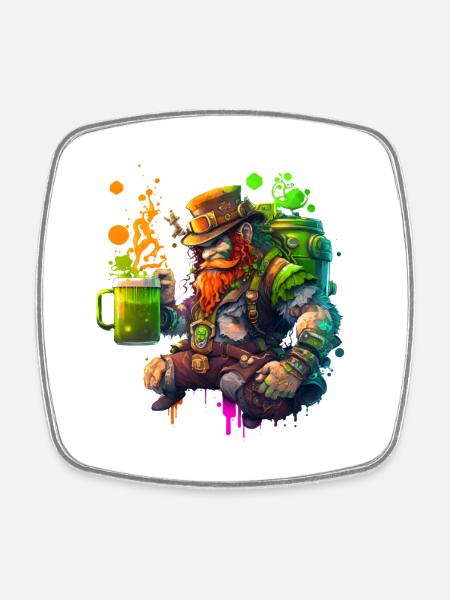 Steampunk Leprechaun with hat and barrel - Square fridge magnet - white