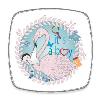 Flamingo mit Baby und Baby Utensilien in Blau - Viereckiger Kühlschrankmagnet - Weiß - Vorne