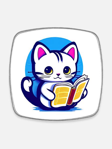 Le chat lit un livre - Magnet carré - blanc