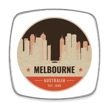 Melbourne Skyline Vintage Abzeichen - Viereckiger Kühlschrankmagnet - Weiß - Vorne