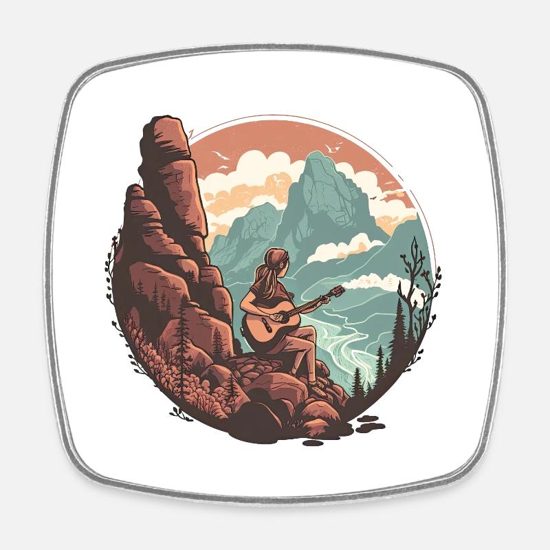 Serene Mountain Guitar Scene - Square fridge magnet - white