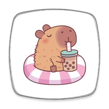 Cute Capybara On Pool Float Drinking Bubble Tea - Square fridge magnet - white - Front