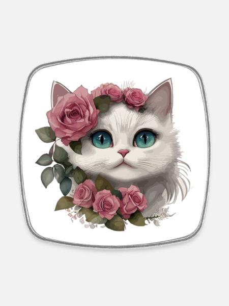 Cute White Cat With Big Eyes - Square fridge magnet - white
