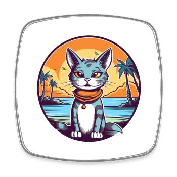 Cartoon cat in tropical paradise - Square fridge magnet - white - Front