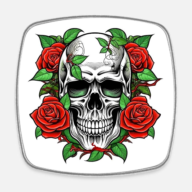 Cimier du Tatouage du Crâne et des Roses - Magnet carré - blanc