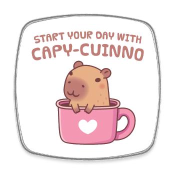 Cute Capybara Start Your Day With Capyuccino Coffe - Square fridge magnet - white - Front