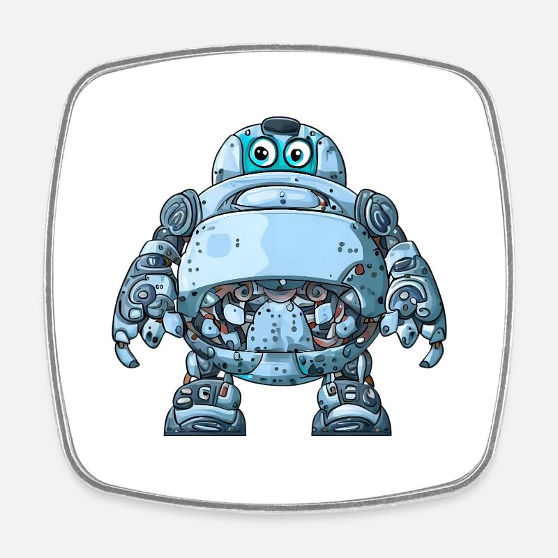 Blauer Cartoon-Roboter mit Helm - Viereckiger Kühlschrankmagnet - Weiß