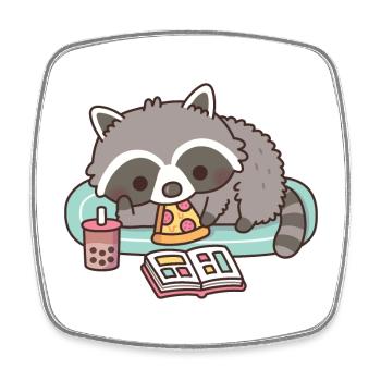 Niedlicher Waschbär isst Pizza und liest Manga - Viereckiger Kühlschrankmagnet - Weiß - Vorne