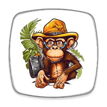 Adventure monkey with safari hat and backpack - Square fridge magnet - white - Front