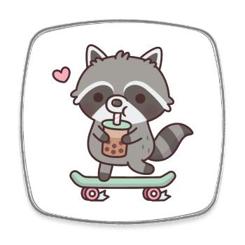 Netter Skateboard-Waschbär, der Boba-Tee trinkt - Viereckiger Kühlschrankmagnet - Weiß - Vorne