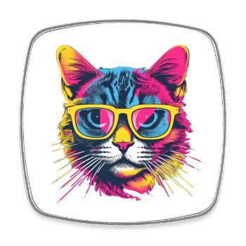 Portrait de chat coloré au néon avec des lunettes de soleil - Magnet carré - blanc - Devant
