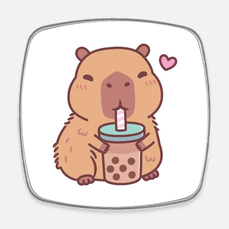 Cute Capybara Loves Drinking Bubble Tea - Square fridge magnet - white