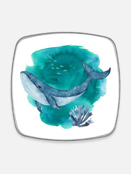 Blue Whale Watercolor – Ocean Wildlife Art - Square fridge magnet - white