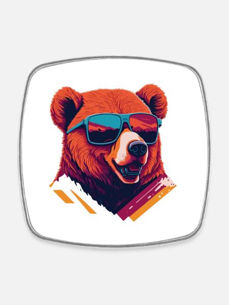 Bold and Bearish: Retro Bear T-Shirt - Square fridge magnet - white