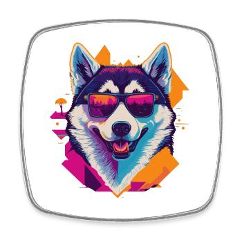 Frosty Fury: Retro Husky T-Shirt - Viereckiger Kühlschrankmagnet - Weiß - Vorne
