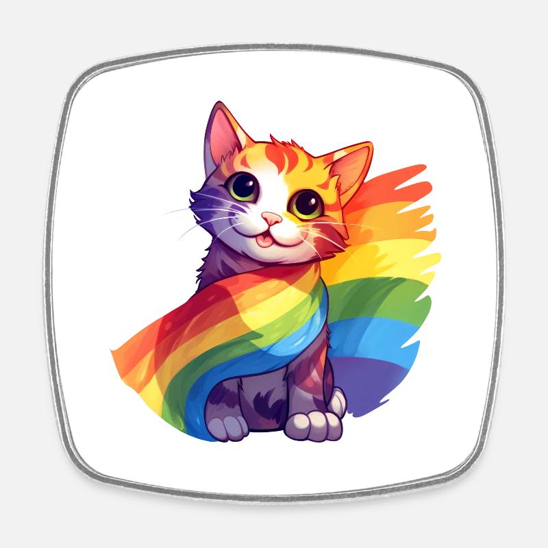 Pride Cat - Chat arc-en-ciel coloré avec drapeau - Magnet carré - blanc