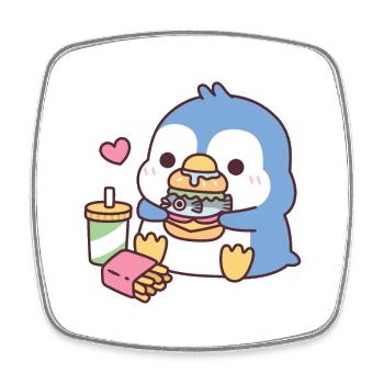 Mignon pingouin bleu mangeant du poisson Burger - Magnet carré - blanc - Devant