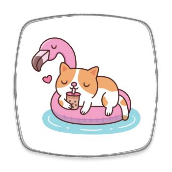 Niedliche Katze mit Boba-Tee, die auf Flamingo-Schwimmer chillt - Viereckiger Kühlschrankmagnet - Weiß - Vorne