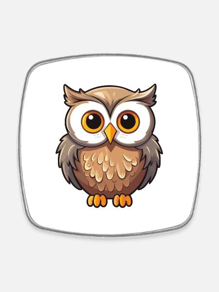 Hibou Dessin Animé Kawaii Aquarelle Illustration - Magnet carré - blanc