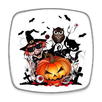 Citrouille d’Halloween avec sorcière, chat, chauve-souris et hibou - Magnet carré - blanc - Devant