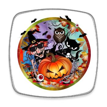 Citrouille d’Halloween avec sorcière, chat, chauve-souris et hibou - Magnet carré - blanc - Devant